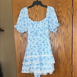 Altar'd State Light Blue Floral Puff Sleeve Mini Dress